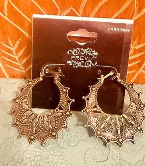PREVU Ornate Mandala Filigree Hoop Earrings in Antique Gold Tone